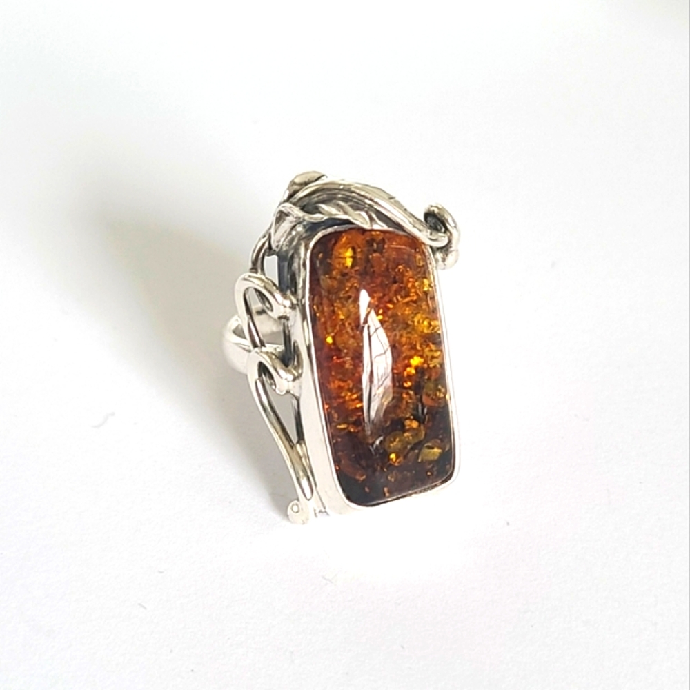 Vintage Sterling Silver Orange Baltic Amber Cabochon Boho Chunky Rectangle Ring